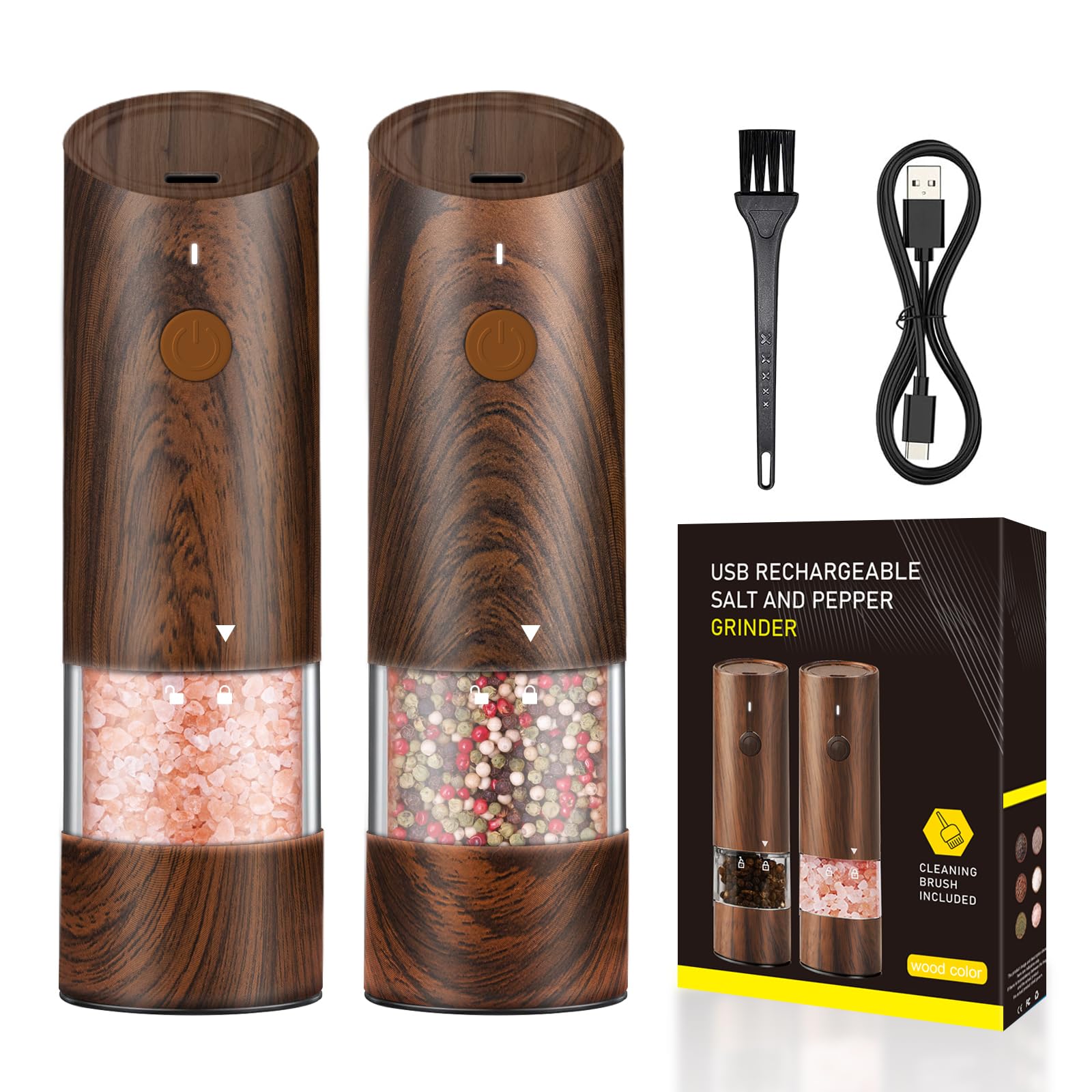 Electric Salt and Pepper Grinder Set - Automatic Pepper and Salt Grinder Refillable with 6 Adjustable Coarseness Adjustable Ceramic Core with LED Light Rechargeable Pepper Grinder-2 Pack Wood Grain