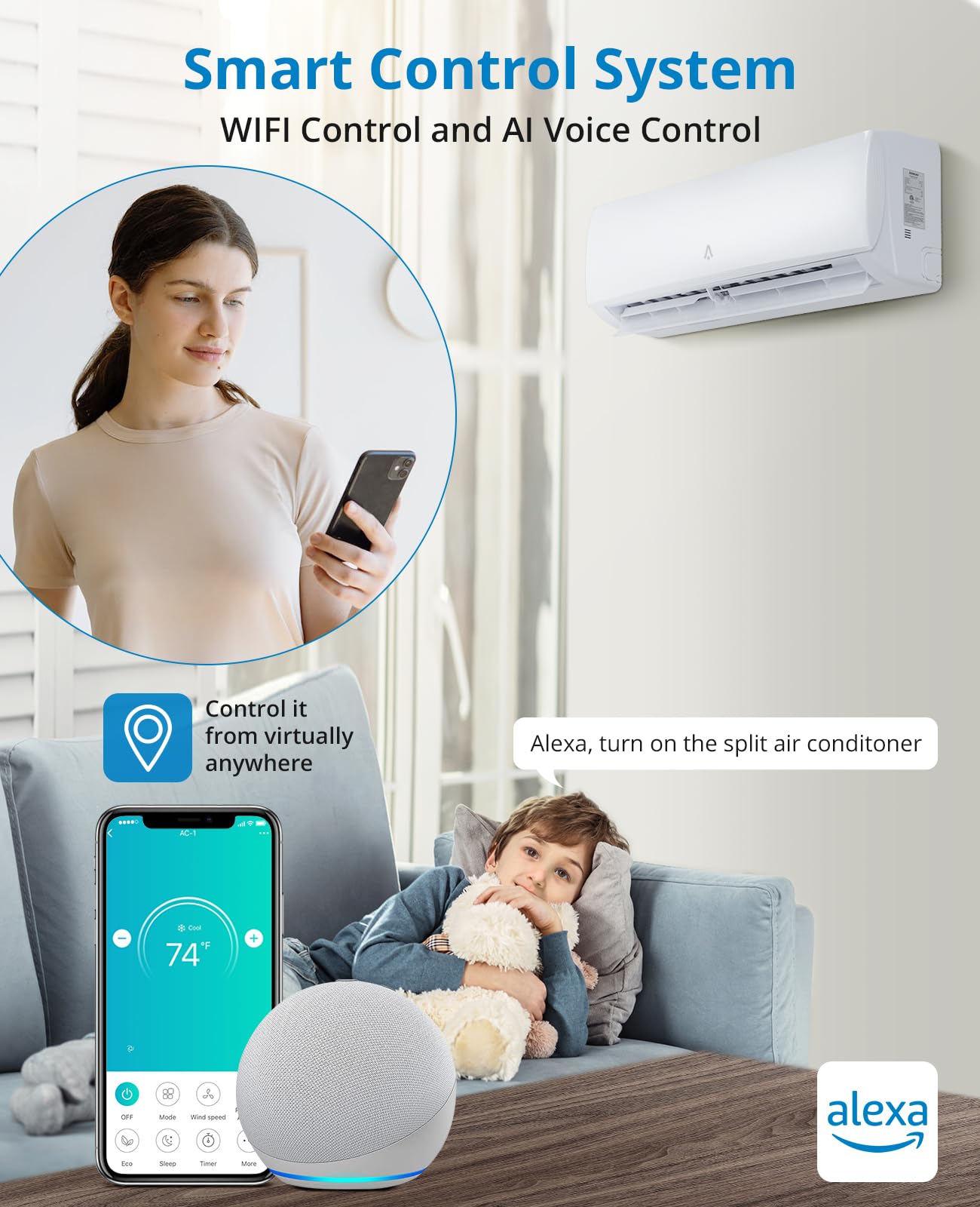 ACONEE 12000BTU 12000 BTU Smart Mini Split AC/Heating System, White