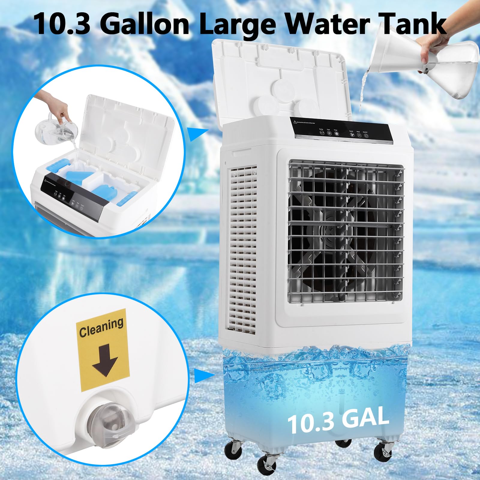 Evaporative Air Cooler, TAKYWEP 3000CFM Swamp Cooler with Remote Control and 12H Timer, 4 Ice Packs, 3 Modes & Wind Speeds for Outdoor Indoor Use, 10.3 Gallon