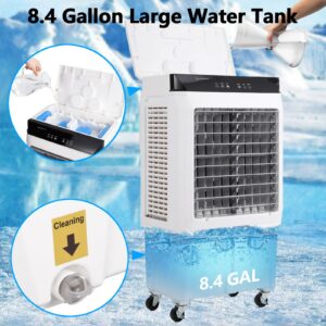 Takywep Evaporative Air Cooler, 1800CFM Swamp Cooler with Remote Control and 12H Timer, 4 Ice Packs, 3 Modes & Wind Speeds for Outdoor Indoor Use, 8.4 Gallon