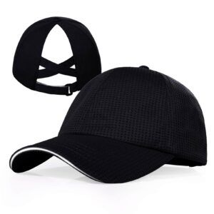 Criss Cross Hat High Ponytail Baseball Caps for Women with Reflective Trim, Lightweight Mesh Performance Running Cap Black