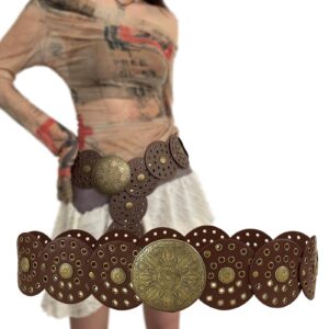 kjmyyxgs chunky belts for women western style, boho wide disc concho leather waist belt vintage country circle y2k belt (coffee)