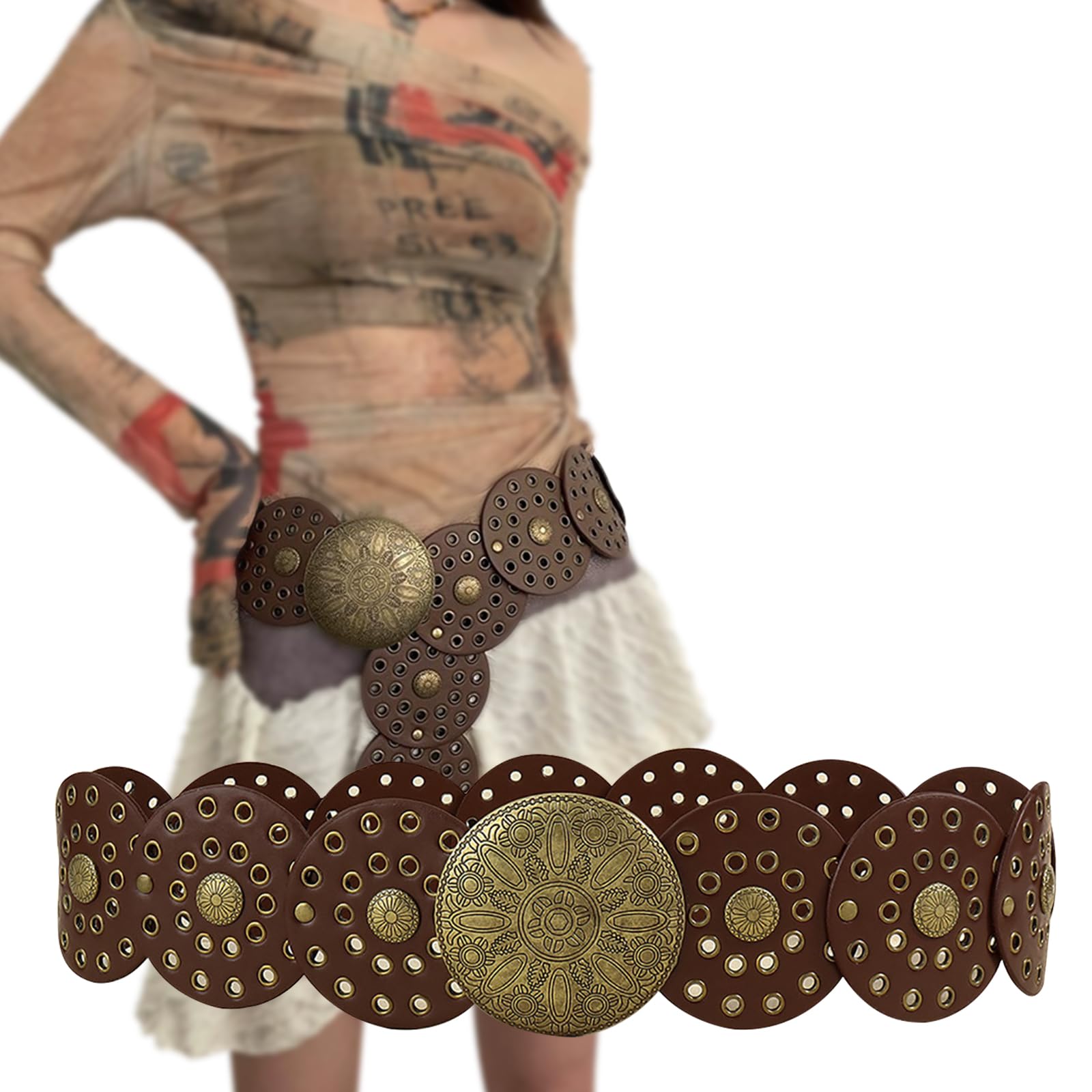 KJMYYXGS Chunky Belts for Women Western Style, Boho Wide Disc Concho Leather Waist Belt Vintage Country Circle y2k Belt (Coffee)