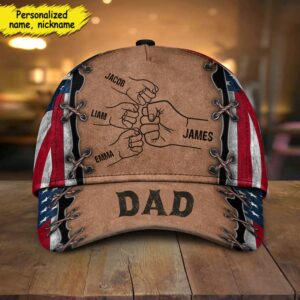 Dad Fist Bump Fathers Day Family Personalized Cap, Personalized Dad Baseball Cap, 3D Printed Baseball Cap Men, Classic Cap for Dad, Papa, Daddy, Grandpa, Gifts for Father's Day, Chistmas