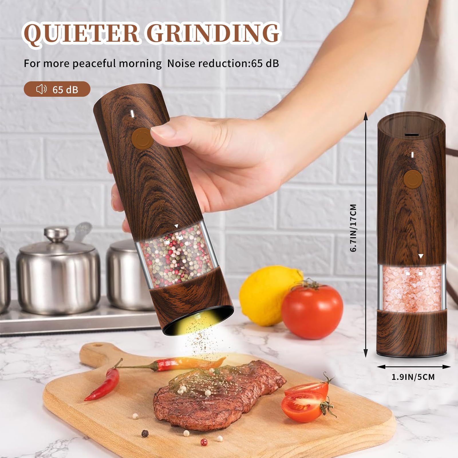 Electric Salt and Pepper Grinder Set - Automatic Pepper and Salt Grinder Refillable with 6 Adjustable Coarseness Adjustable Ceramic Core with LED Light Rechargeable Pepper Grinder-2 Pack Wood Grain