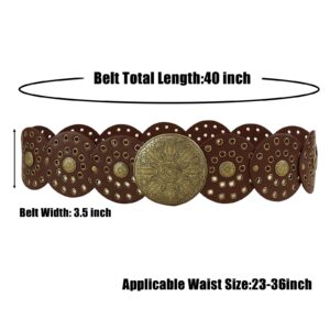 KJMYYXGS Chunky Belts for Women Western Style, Boho Wide Disc Concho Leather Waist Belt Vintage Country Circle y2k Belt (Coffee)