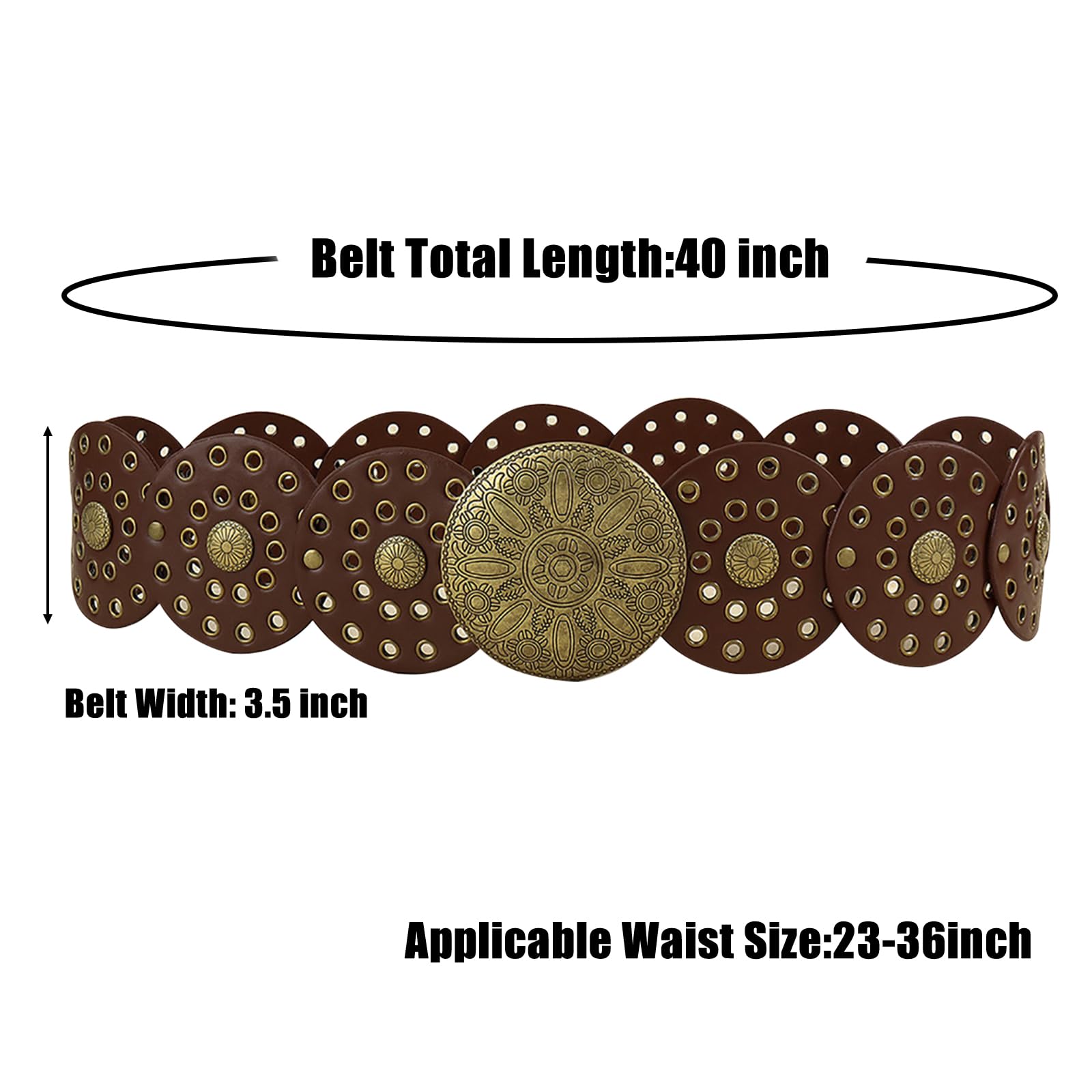 KJMYYXGS Chunky Belts for Women Western Style, Boho Wide Disc Concho Leather Waist Belt Vintage Country Circle y2k Belt (Coffee)