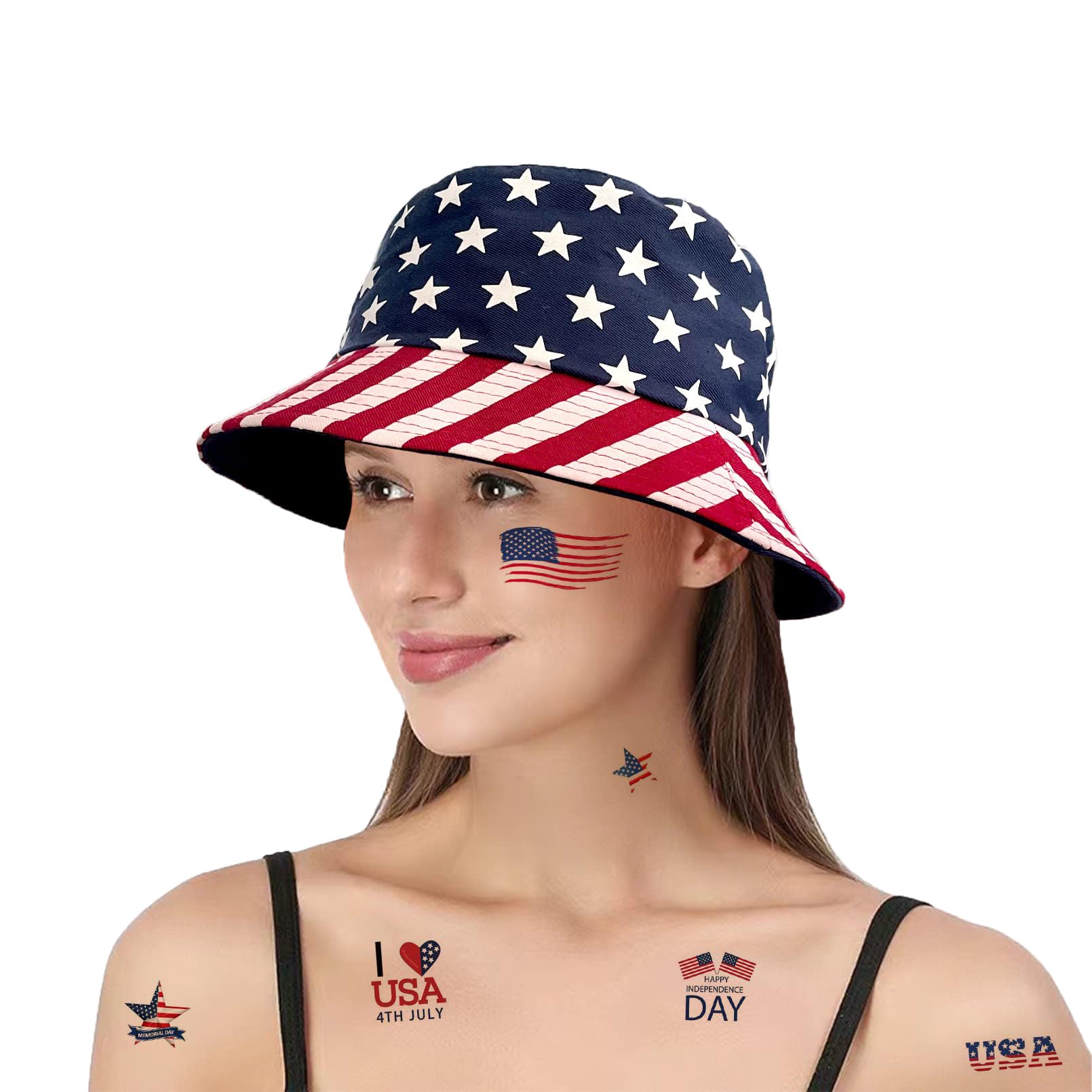 RainFlowwer American Flag Bucket Hat 4th July Hat Fisherman Independences Days Hats for Women Men Boys Girls Sun Beach Cap Travel Summer Packable Fashion