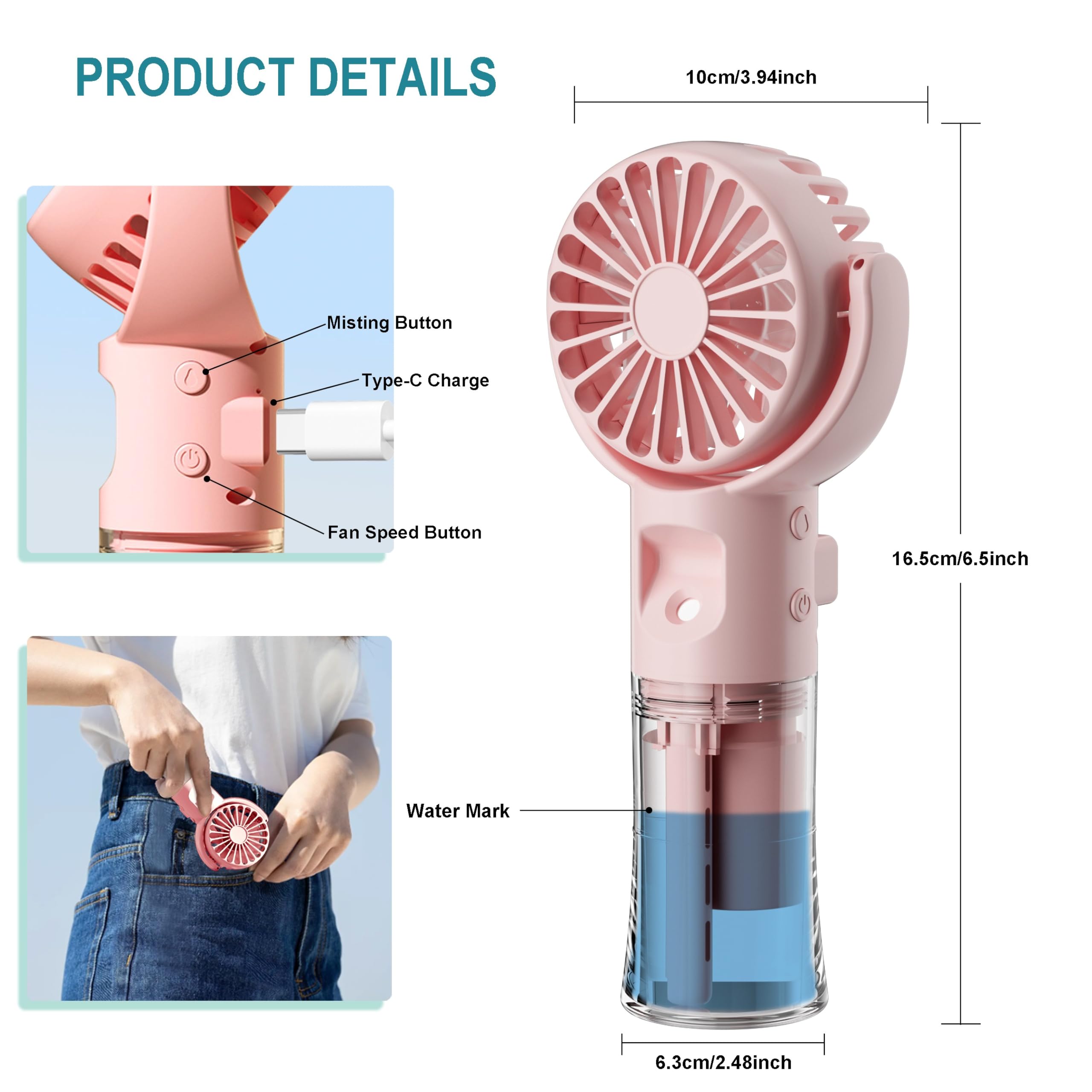 Frelisiy Handheld Fan Misting Hand Held Fan Rechargeable Battery Operated Portable 4 Speeds & 55ml Spray & 360° Rotatable USB Personal Water Fan for Travel Camping Outdoor(Pink)