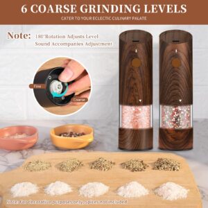 Electric Salt and Pepper Grinder Set - Automatic Pepper and Salt Grinder Refillable with 6 Adjustable Coarseness Adjustable Ceramic Core with LED Light Rechargeable Pepper Grinder-2 Pack Wood Grain