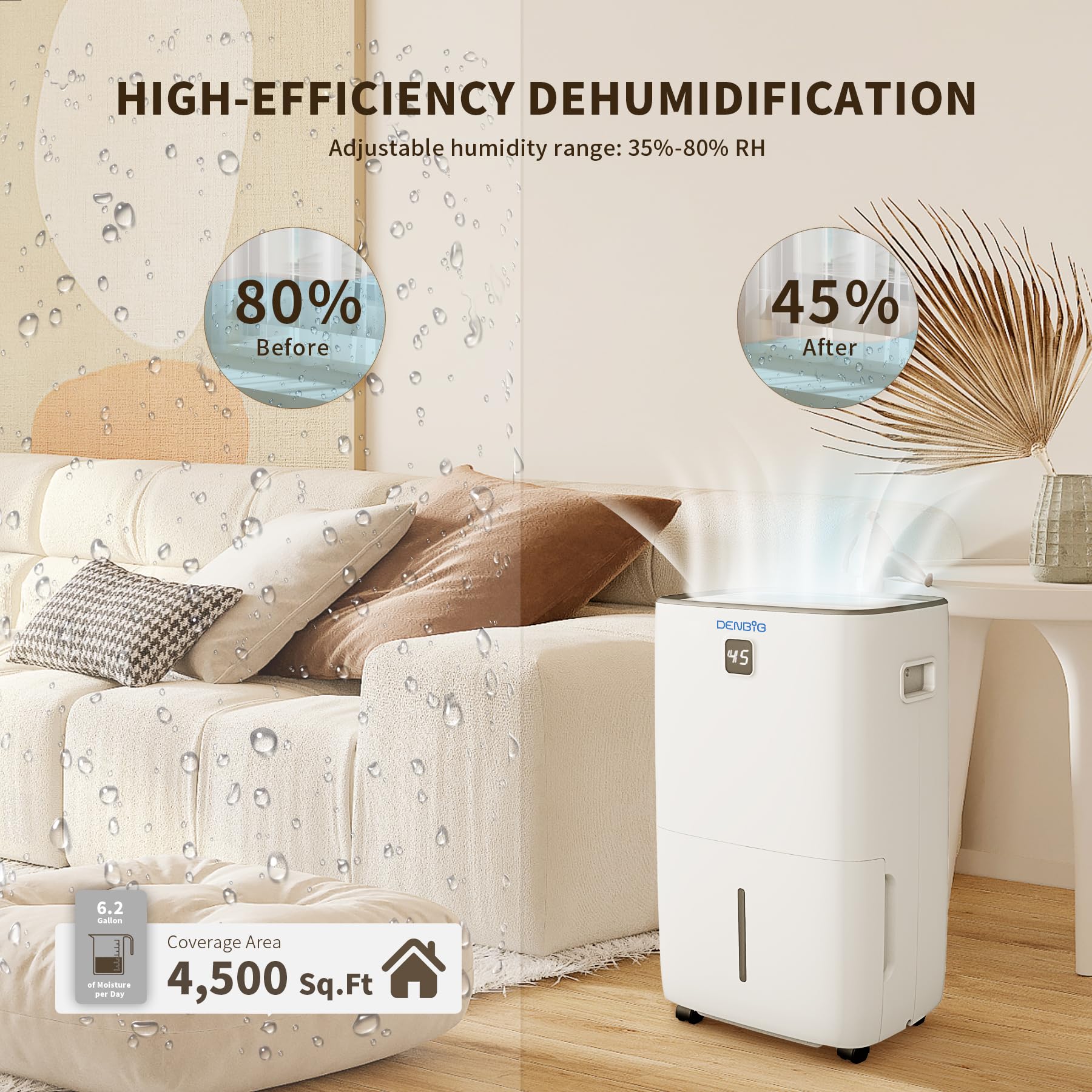 DENBIG 50 Pints Dehumidifier with Pump for Spaces up to 4,500 Sq. Ft at Home, with Washable, Reusable Air Filter, 2 Gal Water Tank, Drain Hose, for Large & Medium Rooms, Basement, Bedroom