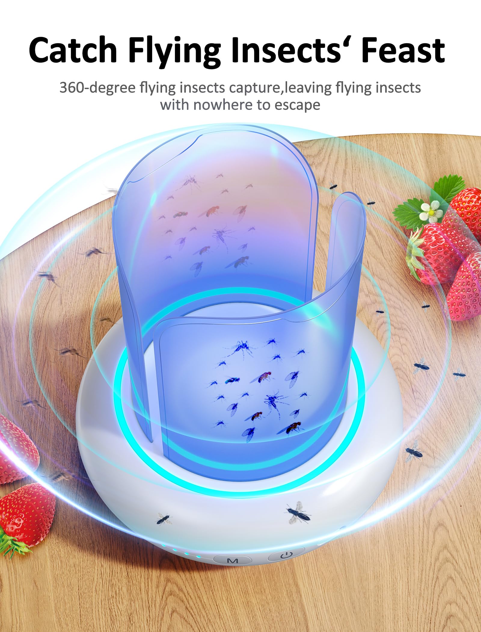 Camfeast 360° Flying Insect Trap with 60h USB Rechargeable Battery, Get-rid Food, Plant Fruit-Fly Killer, Night Light Catcher for Gnat, Noseeum, Flies, Housefly, Trap on Indoor House, Insectos Trampa