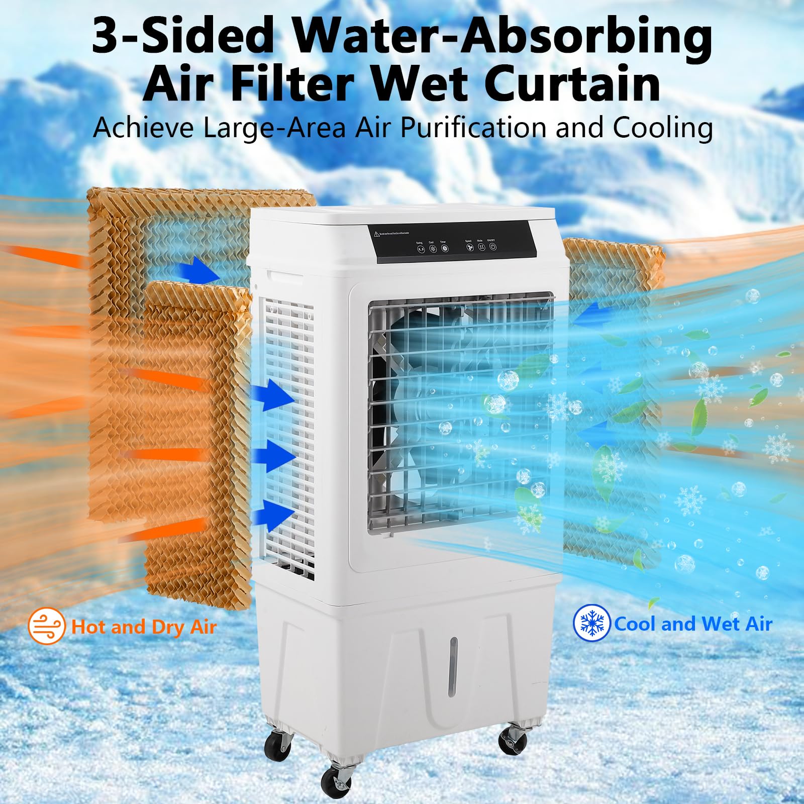 Evaporative Air Cooler, TAKYWEP 3000CFM Swamp Cooler with Remote Control and 12H Timer, 4 Ice Packs, 3 Modes & Wind Speeds for Outdoor Indoor Use, 10.3 Gallon