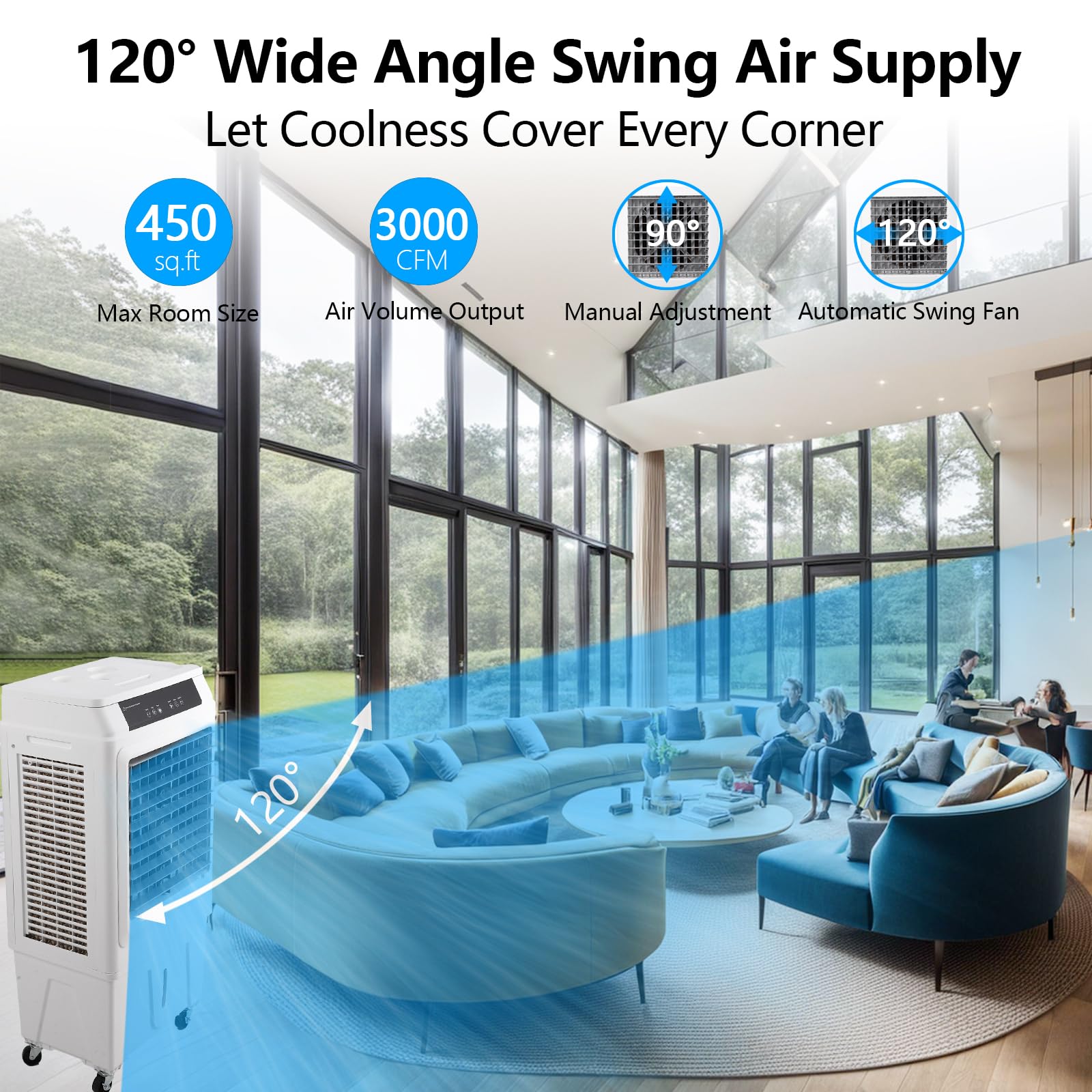 Evaporative Air Cooler, TAKYWEP 3000CFM Swamp Cooler with Remote Control and 12H Timer, 4 Ice Packs, 3 Modes & Wind Speeds for Outdoor Indoor Use, 10.3 Gallon