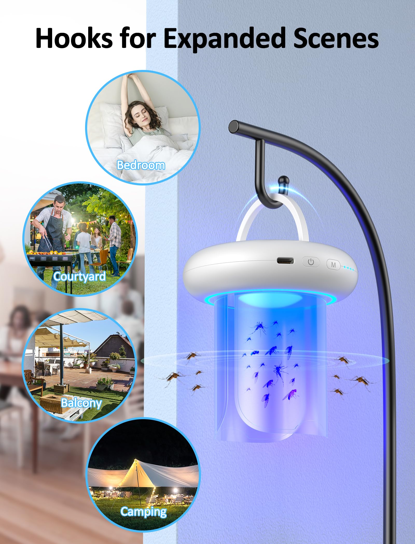 Camfeast 360° Flying Insect Trap with 60h USB Rechargeable Battery, Get-rid Food, Plant Fruit-Fly Killer, Night Light Catcher for Gnat, Noseeum, Flies, Housefly, Trap on Indoor House, Insectos Trampa