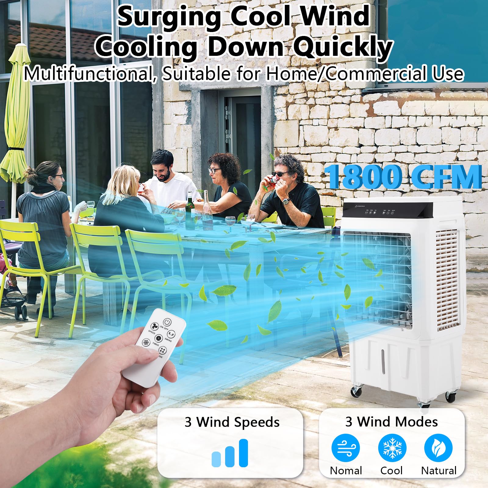 Takywep Evaporative Air Cooler, 1800CFM Swamp Cooler with Remote Control and 12H Timer, 4 Ice Packs, 3 Modes & Wind Speeds for Outdoor Indoor Use, 8.4 Gallon