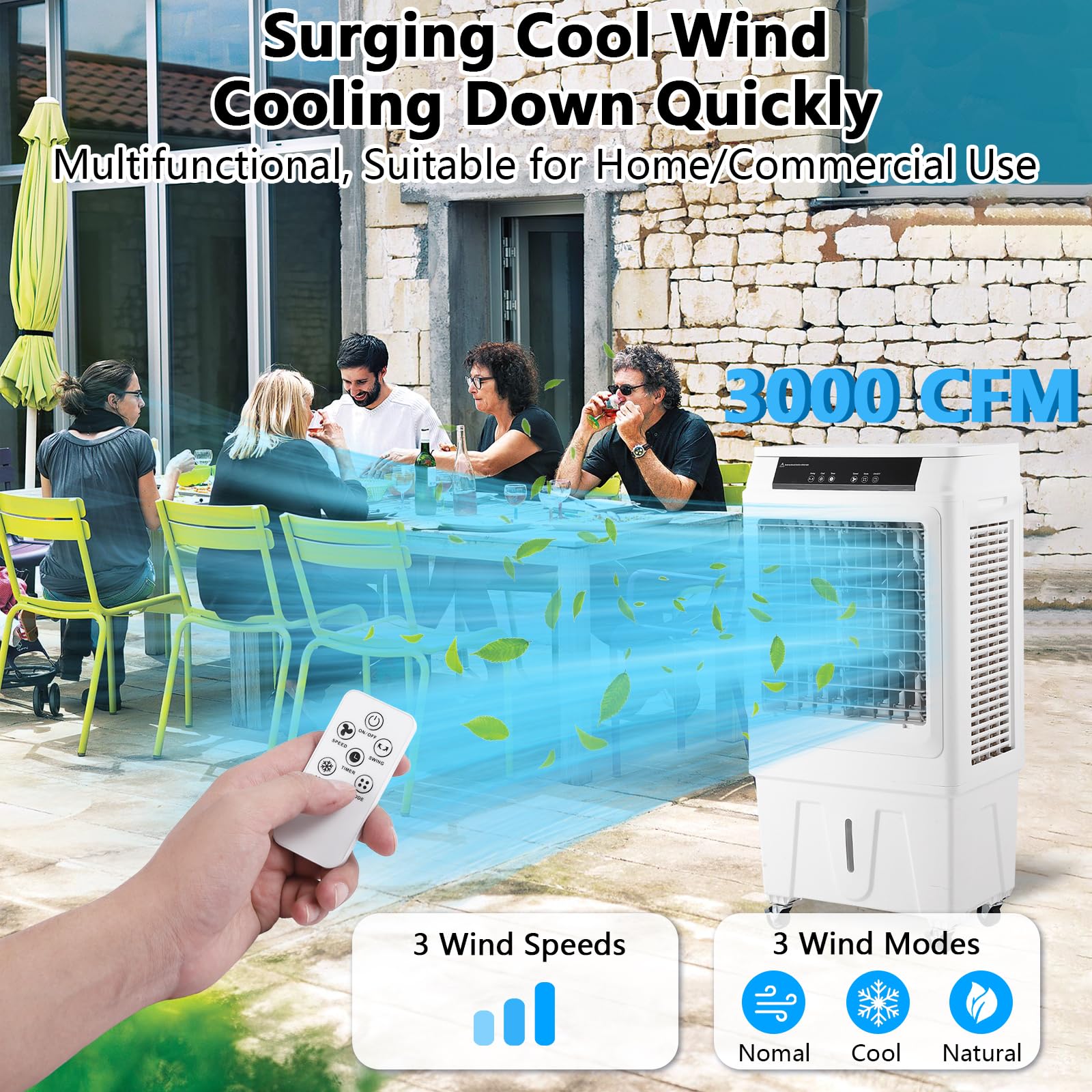 Evaporative Air Cooler, TAKYWEP 3000CFM Swamp Cooler with Remote Control and 12H Timer, 4 Ice Packs, 3 Modes & Wind Speeds for Outdoor Indoor Use, 10.3 Gallon