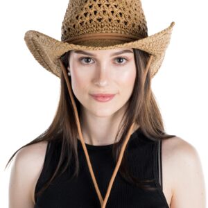 Funky Junque Women's Cowboy Hat - Bendable Brim Open Weave w/Chin Strap - Natural