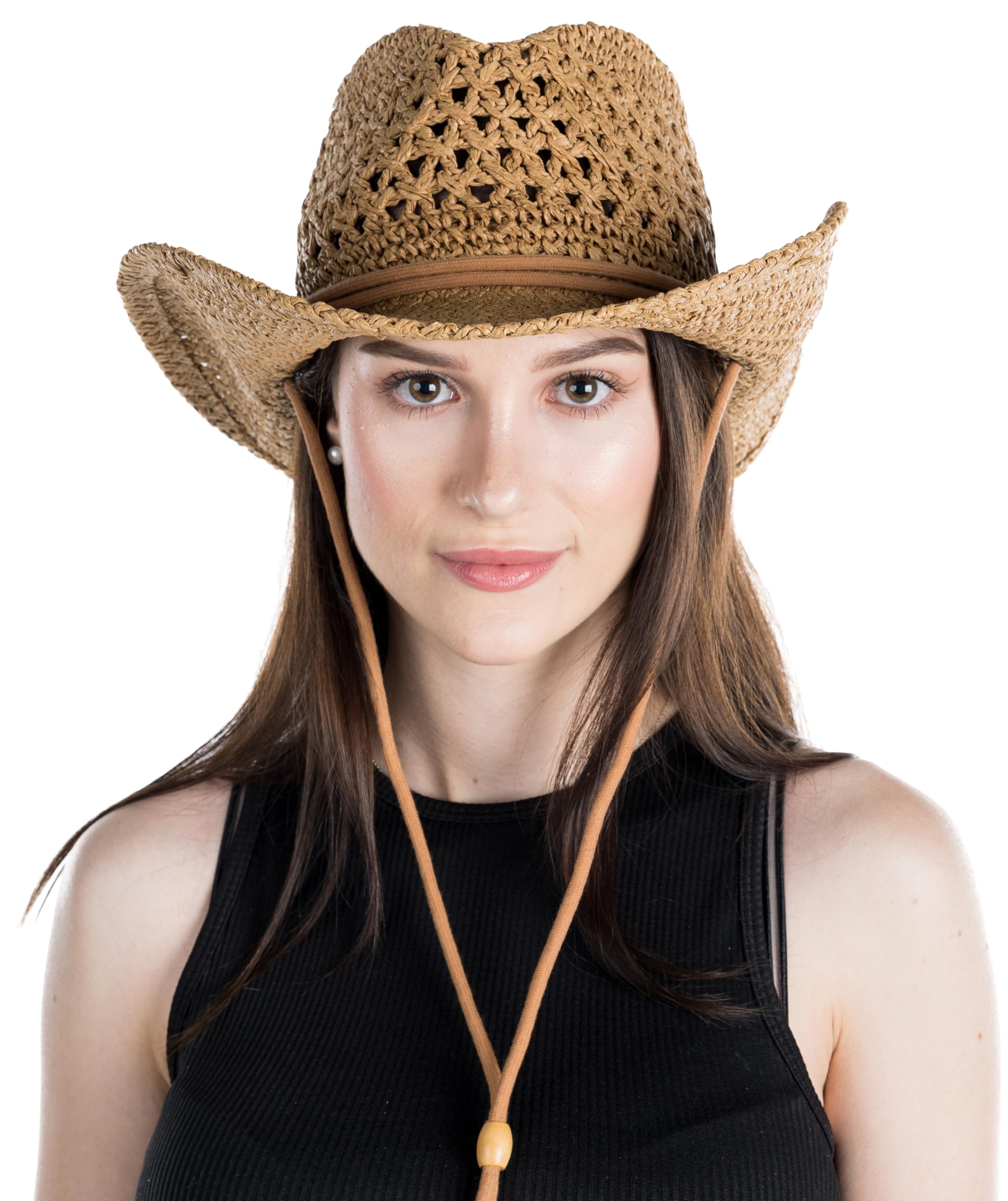 Funky Junque Women's Cowboy Hat - Bendable Brim Open Weave w/Chin Strap - Natural