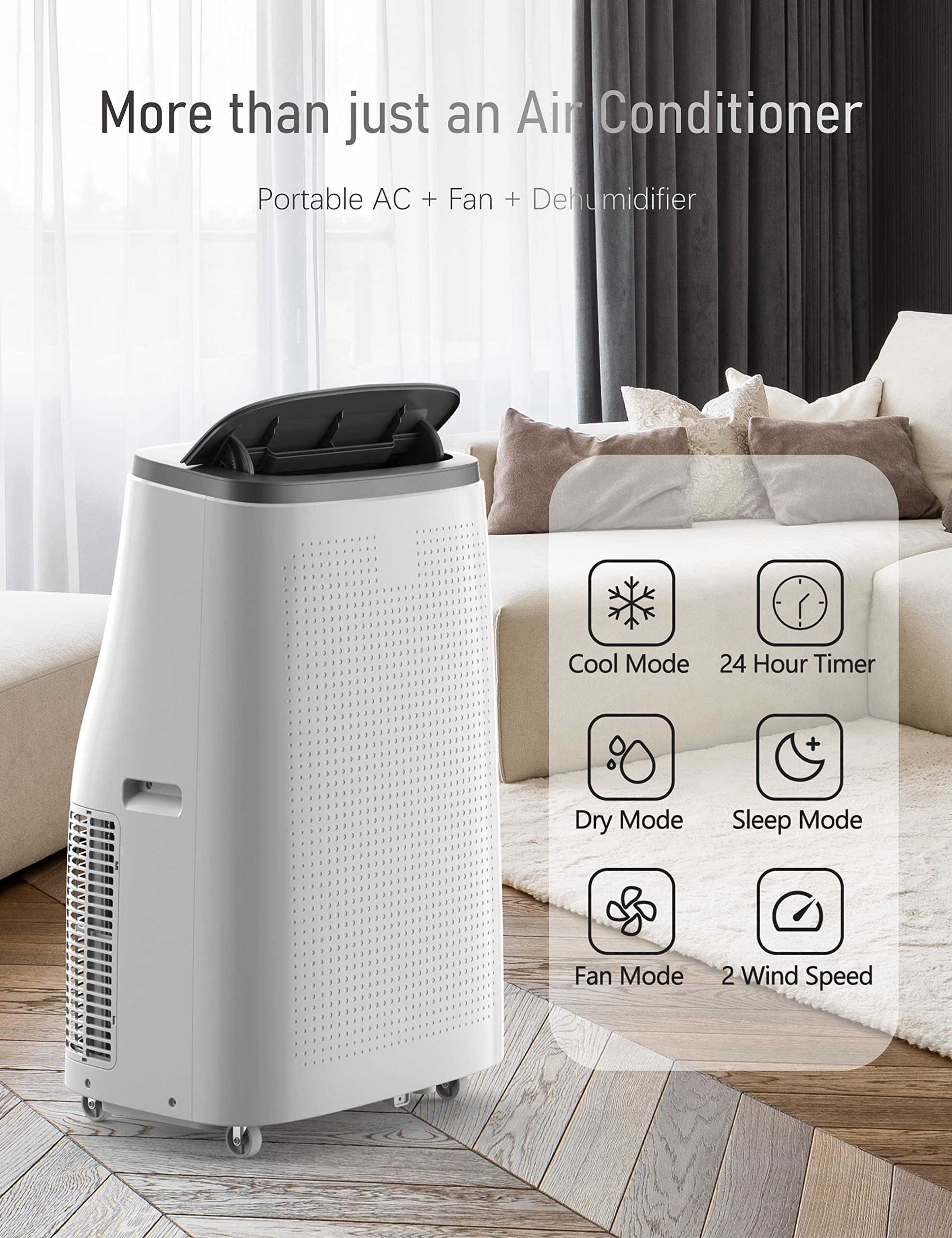 DEXSO Portable Air Conditioner 14,000BTUs, A/C for Rooms up to 750 Sq. Ft, Built-in Dehumidifier, Fan, and Sleep Mode, Includes Remote Control, Reusable Filter, and Window Kits