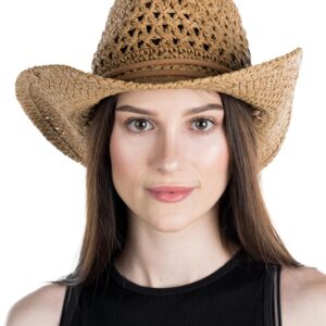 Funky Junque Women's Cowboy Hat - Bendable Brim Open Weave w/Chin Strap - Natural