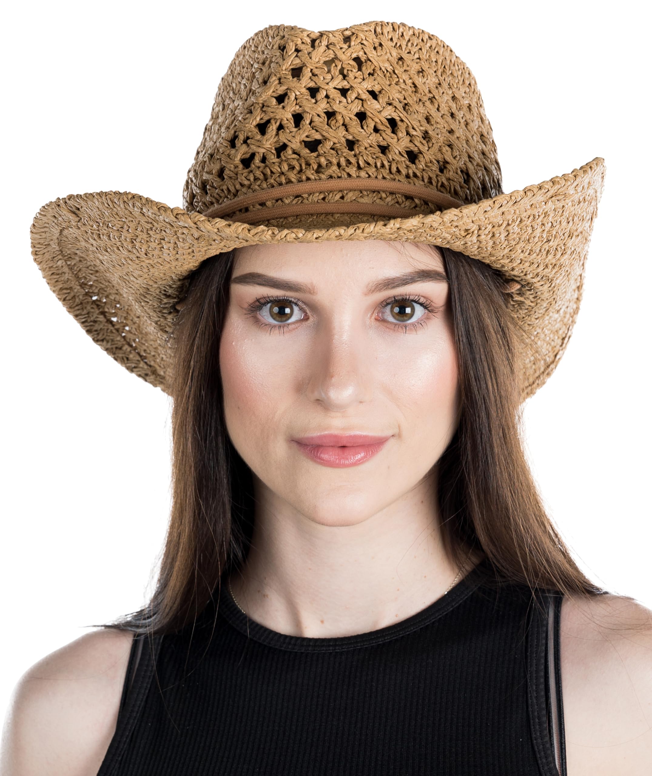 Funky Junque Women's Cowboy Hat - Bendable Brim Open Weave w/Chin Strap - Natural