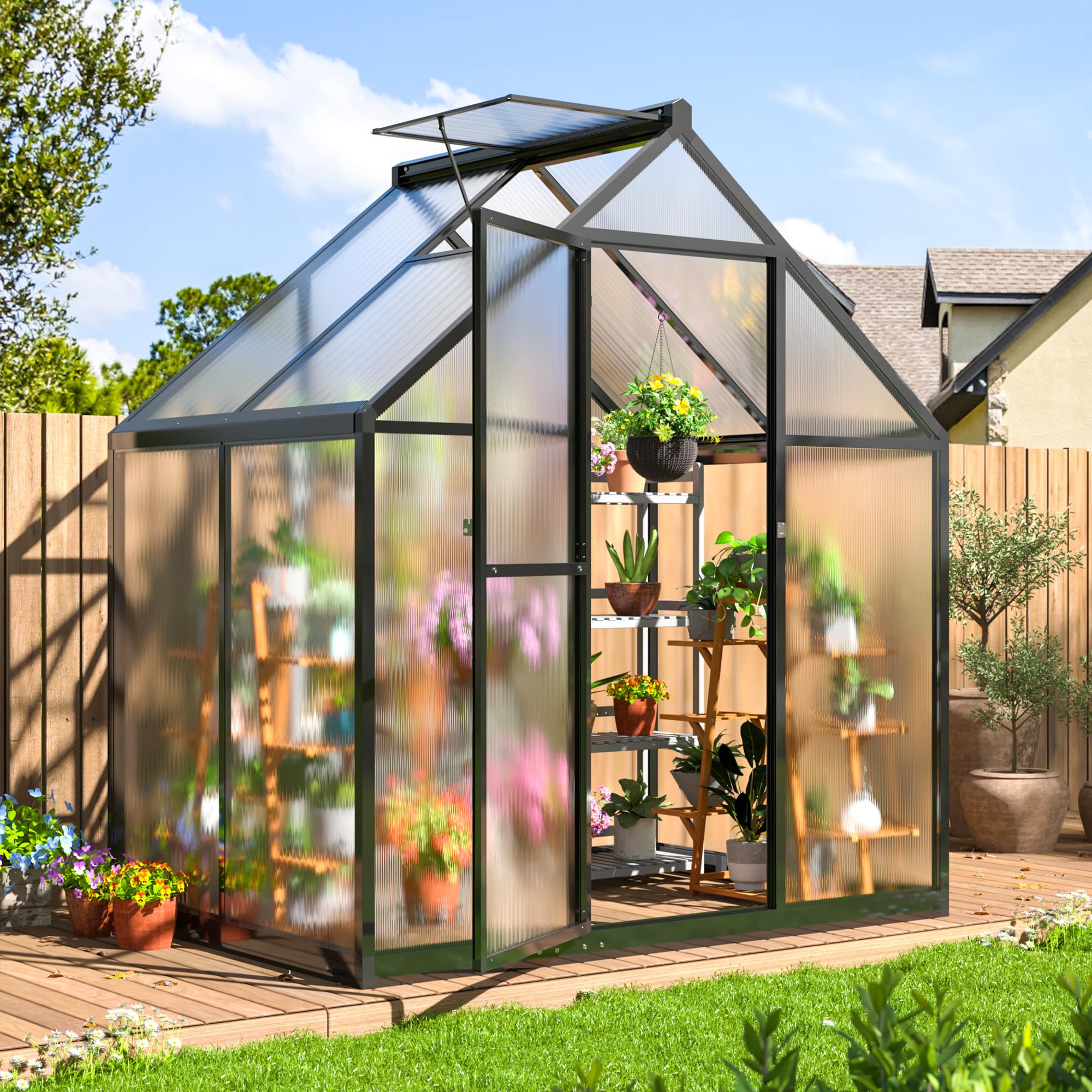 VIWAT 4x6 FT Greenhouse for Outdoors, Polycarbonate Greenhouse with Quick Setup Structure and Roof Vent, Aluminum Large Walk-in Greenhouse for Outside Garden Backyard, Black