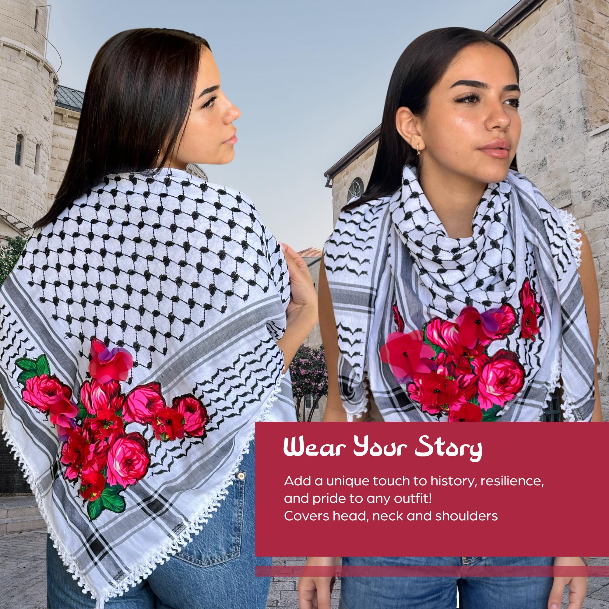 Ibyx Authentic Handmade Palestinian Keffiyeh - Show Your Pride with this Palestinian Shemagh Scarf (Black & White)