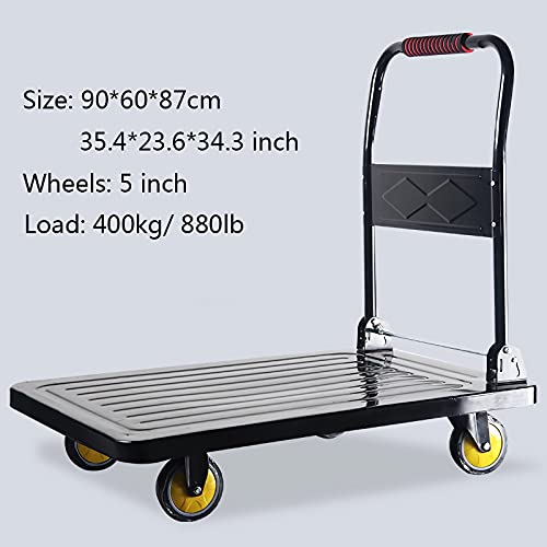 Generic Flatbed Hand Cart Metal Platform Truck with 360 Degree Swivel Wheels and Foldable Handle for Iron Items Transport Large Load Capacity Push Cart Heavy Duty Flatbed Cart (Size : 90 * 60)