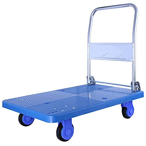 Generic Platform Trucks Platform Truck Push Cart with Metal Foldable Handle and Plastic Panel Portable 4 Wheels Trolley for Warehouse Factory Transport Platform Cart, Small