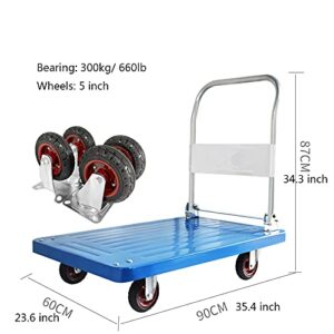 Hand Truck Platform Truck Steel and Plastic 2-Layer Deck Push Cart with 4 Wheels and Foldable Handle Large Load Capacity Dolly for Moving Utility Cart (Size : 660lb)