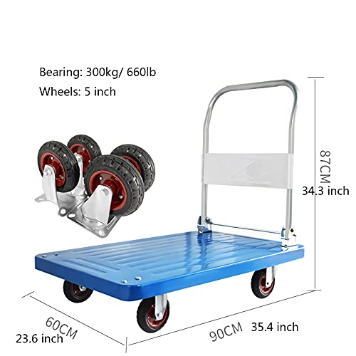 Hand Truck Platform Truck Steel and Plastic 2-Layer Deck Push Cart with 4 Wheels and Foldable Handle Large Load Capacity Dolly for Moving Utility Cart (Size : 660lb)