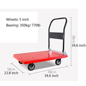 Generic Hand Trucks Flatbed Cart Small Platform Truck with Plastic Deck and Metal Handle Folding Trolley Easy Storage and High Load Capacity Red Push Cart (Size : 770lb-5in Wheels)