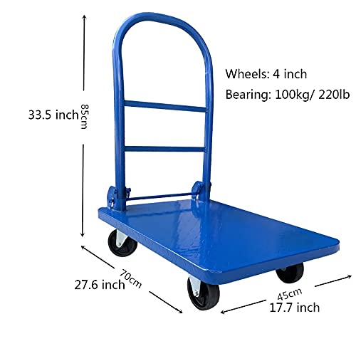 Generic Hand Trucks Push Cart Steel Board Platform Truck Made All of Metal with Flexible Swivel Wheels Foldable Handle for Factory Warehouse High Load Push Cart (Size : 220lb(70 * 45))