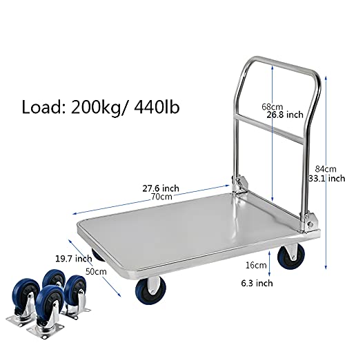 Platform Trucks Platform Truck Stainless Steel Moving Hand Cart with Wheels and Handle for Home Office Warehouse Factory 440lbs Weight Capacity Platform Cart