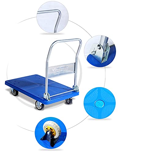 Flatbed Hand Cart Platform Truck with Silent Wheels Foldable Handle Plastic Deck Push Cart for Home Office Bookstores Moving High Capacity Trolley Heavy Duty Flatbed Cart (Size : 72 * 60-330