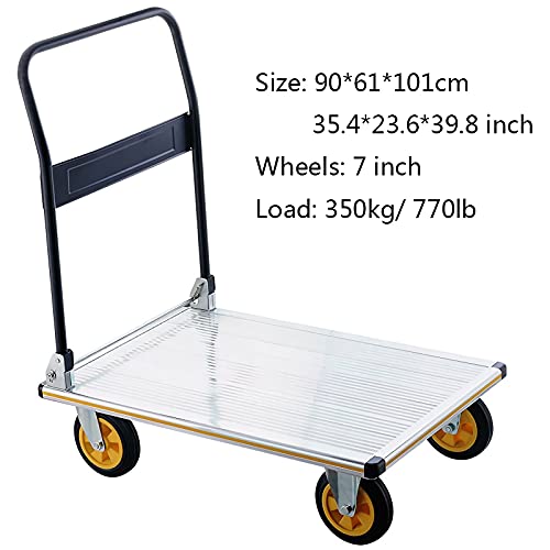 Generic Flatbed Hand Cart Folding Platform Truck Aluminum Alloy Hand Cart with Wheels and Foldable Handle Push Trolley for Luggage Parcel Tools Moving Heavy Duty Flatbed Cart (Size : 91 * 60)