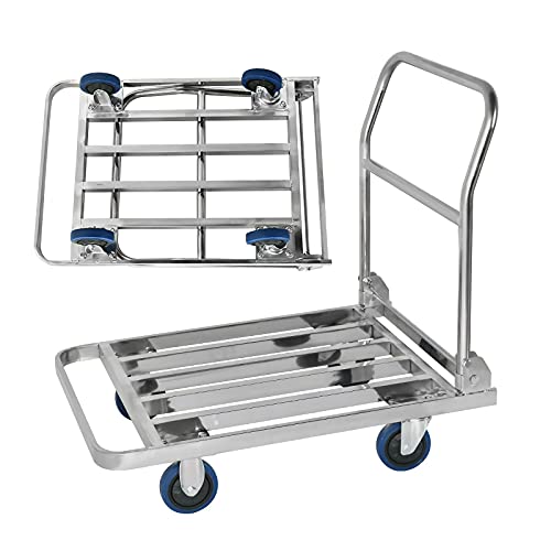 Generic Push Cart Dolly Foldable Hand Truck Heavy Duty Stainless Push Cart Flatbed Trolley with Hollow Out Platform for Lage Baggage Moving Transport Platform, 60*100