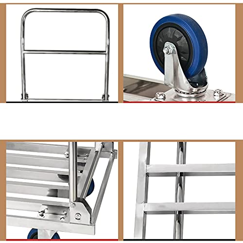 Flatbed Hand Cart Foldable Hand Truck Heavy Duty Stainless Push Cart Flatbed Trolley with Hollow Out Platform for Luggage Baggage Moving Transport Heavy Duty Flatbed Cart (Size : 60 * 90)