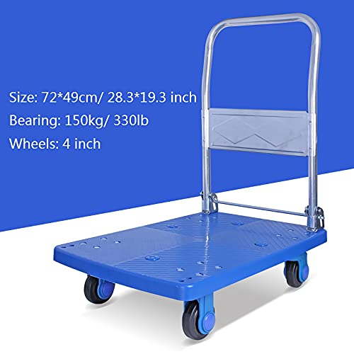 Generic Platform Trucks Platform Truck Push Cart with Metal Foldable Handle and Plastic Panel Portable 4 Wheels Trolley for Warehouse Factory Transport Platform Cart, Small