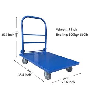 Generic Platform Trucks Steel Plate Trolley 4-Wheels Flatbed Truck with Foldable Handle High Load Capacity for Warehouse Farmhouse Folding Pallet Cart Platform Cart, 660lb(90*60)