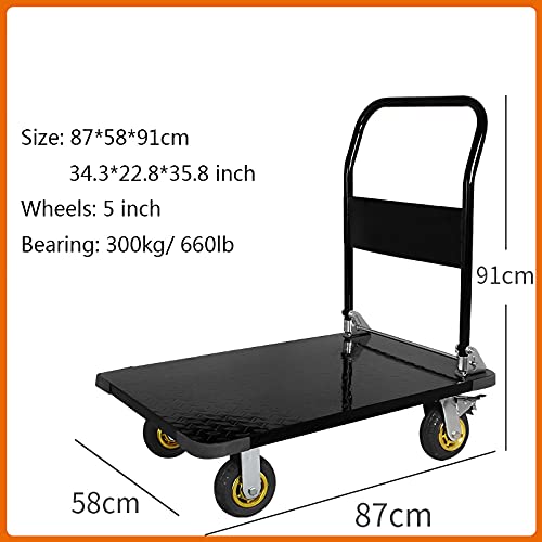 Flatbed Hand Cart Steel Platform Truck Folding Hand Cart with Handle and 360 Degree Swivel Wheels for Luggage Household Daily Moving High Load Dolly Heavy Duty Flatbed Cart (Size : 5in Wheel