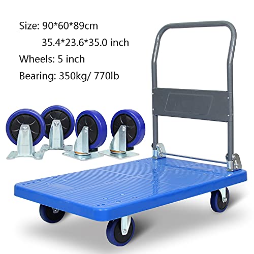 Generic Hand Trucks Plastic Deck Hand Truck Moving Platform Cart with Metal Foldable Handle Silent Wheels for Office Bookstore High Capacity Trolley Push Cart (Size : Blue-Large-Silent)