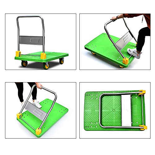 Generic Platform Hand Truck Platform Hand Truck Push Cart for Moving Foldable Handle and 360 Degree Swivel Wheels for Easy Storage Stable Transport High Bear Foldable (Size : 90 * 60), Green