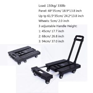 Generic Flatbed Hand Cart Folding Hand Truck 6 Wheels Small Trolley Cart with Stretchable Handle for Home Office Travel Luggage Moving 330lbs Weight Capacity Heavy Duty Flatbed Cart (Color : Black,