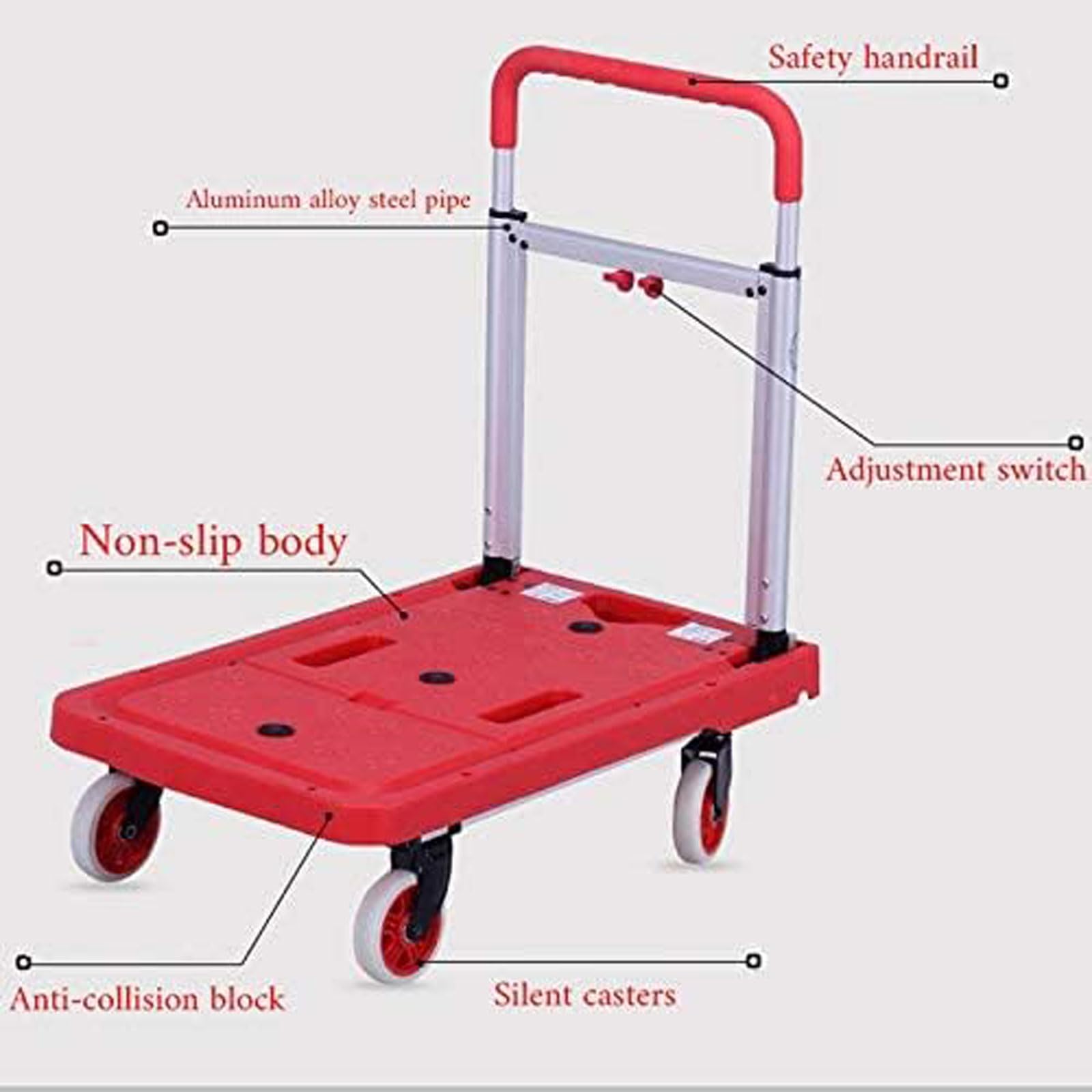 Generic Lightweight Platform Truck Heavy Duty Luggage Hand Truck Silent Folding Flatbed Truck for Groceries Shop Warehouse Use (Red)