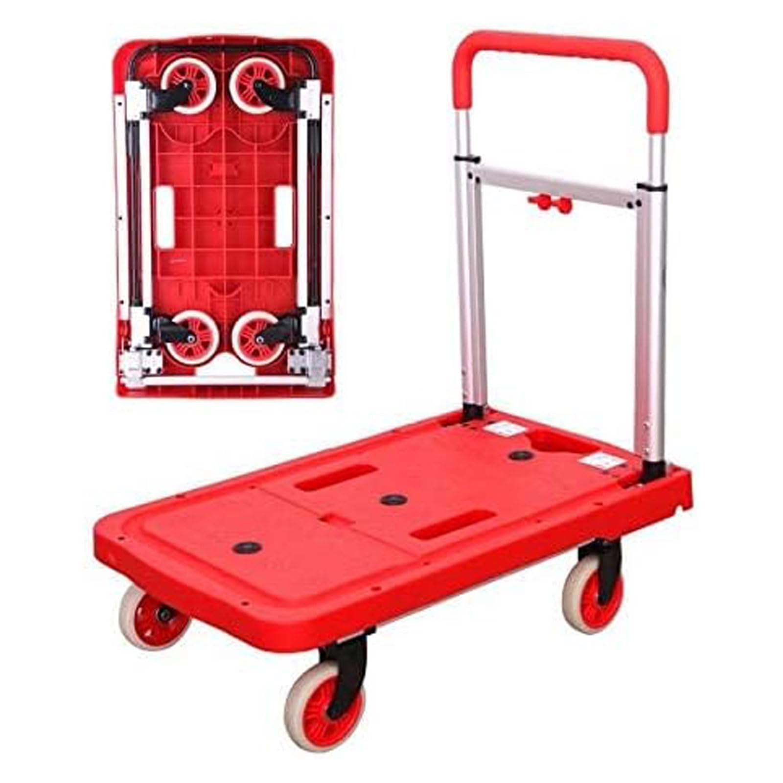 Generic Lightweight Platform Truck Heavy Duty Luggage Hand Truck Silent Folding Flatbed Truck for Groceries Shop Warehouse Use (Red)