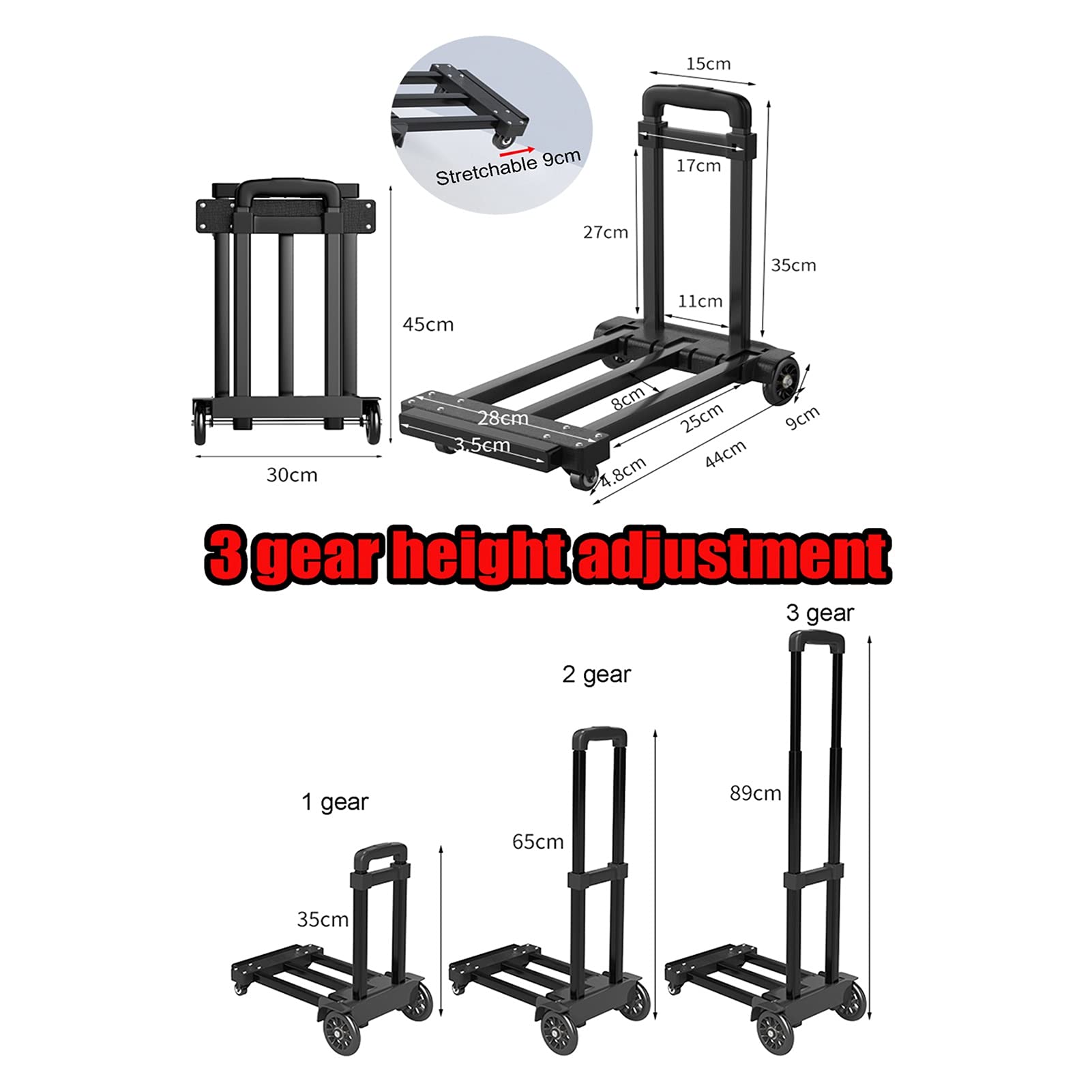 Generic Hand Trucks Telescopic Folding Trolley with Solid PVC Wheels, Portable Hand Truck, Multifunctional Car Luggage Transport Vehicle, Load 80kg Capacity