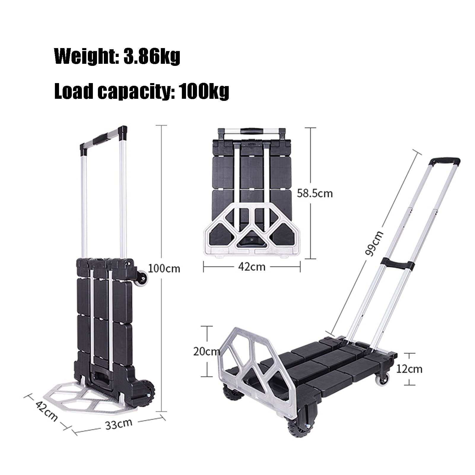 Generic Hand Trucks Two-in-one Hand Truck, Folding Portable Trolley, 4-Wheel Platform Cart, Used for Car Luggage Moving Shopping Goods Transportation, Load 100kg