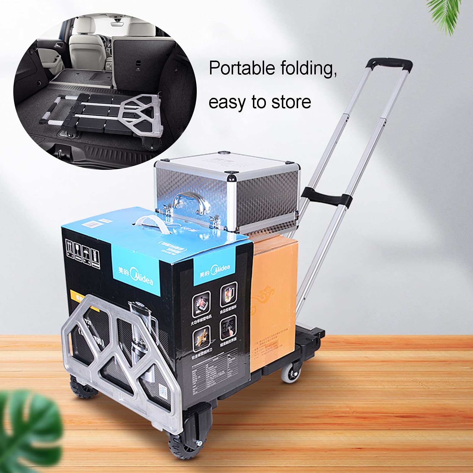 Generic Hand Trucks Two-in-one Hand Truck, Folding Portable Trolley, 4-Wheel Platform Cart, Used for Car Luggage Moving Shopping Goods Transportation, Load 100kg